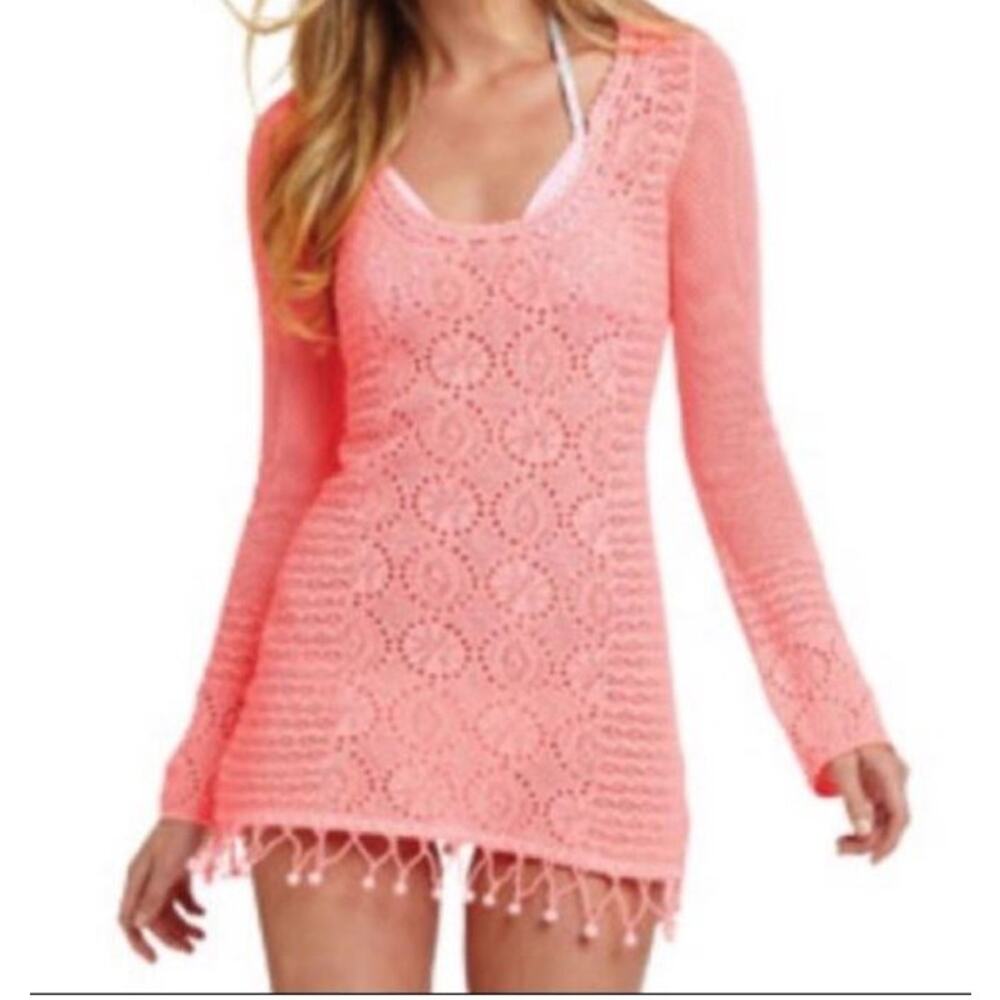 Lilly Pulitzer Coral Melon Athena Crochet Tunic Sweater Beach Cover Up Bright M